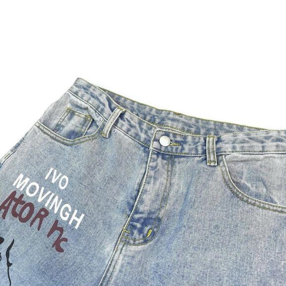 Painted Distressed Light Wash Denim Jeans Unique Art Graphic Ripped High Waist - Picture 3 of 7